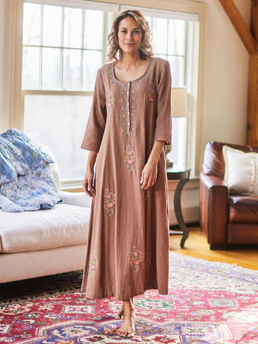 April Cornell Kerala Embroidered Caftan Brown Floral Cotton Boho Prairie Sz M